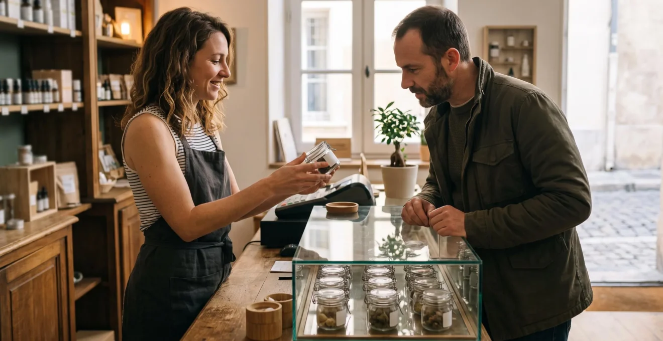 Une vendeuse présente un pot scellé de résine de CBD à un client derrière le comptoir d'une boutique.