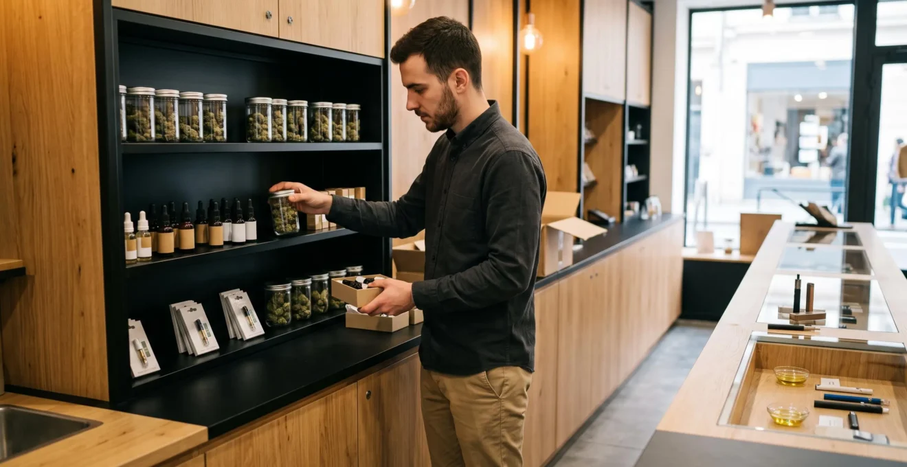 Un conseiller range des fleurs de CBD, huiles et cartouches sur une étagère de présentation en boutique.