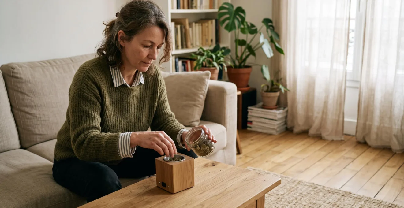 Une femme charge des fleurs de CBD dans la chambre d'un vaporisateur posé sur une table basse.