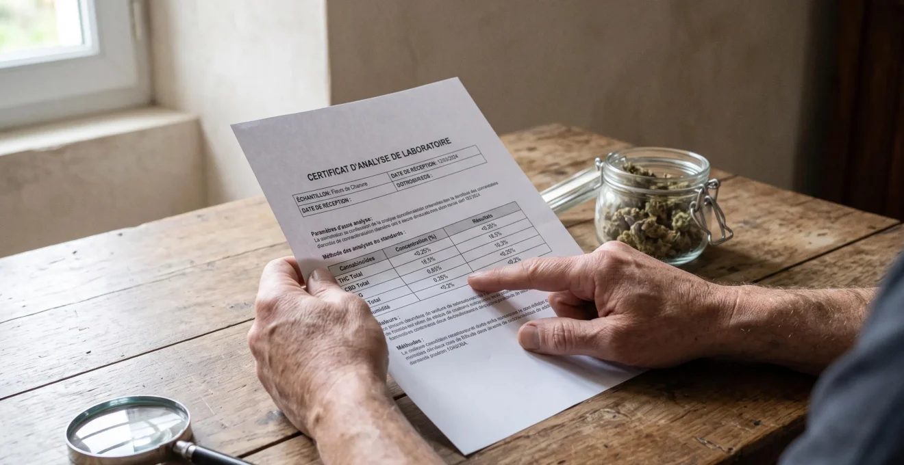Des mains examinent un certificat d'analyse de laboratoire posé à côté d'un pot de fleurs de CBD.