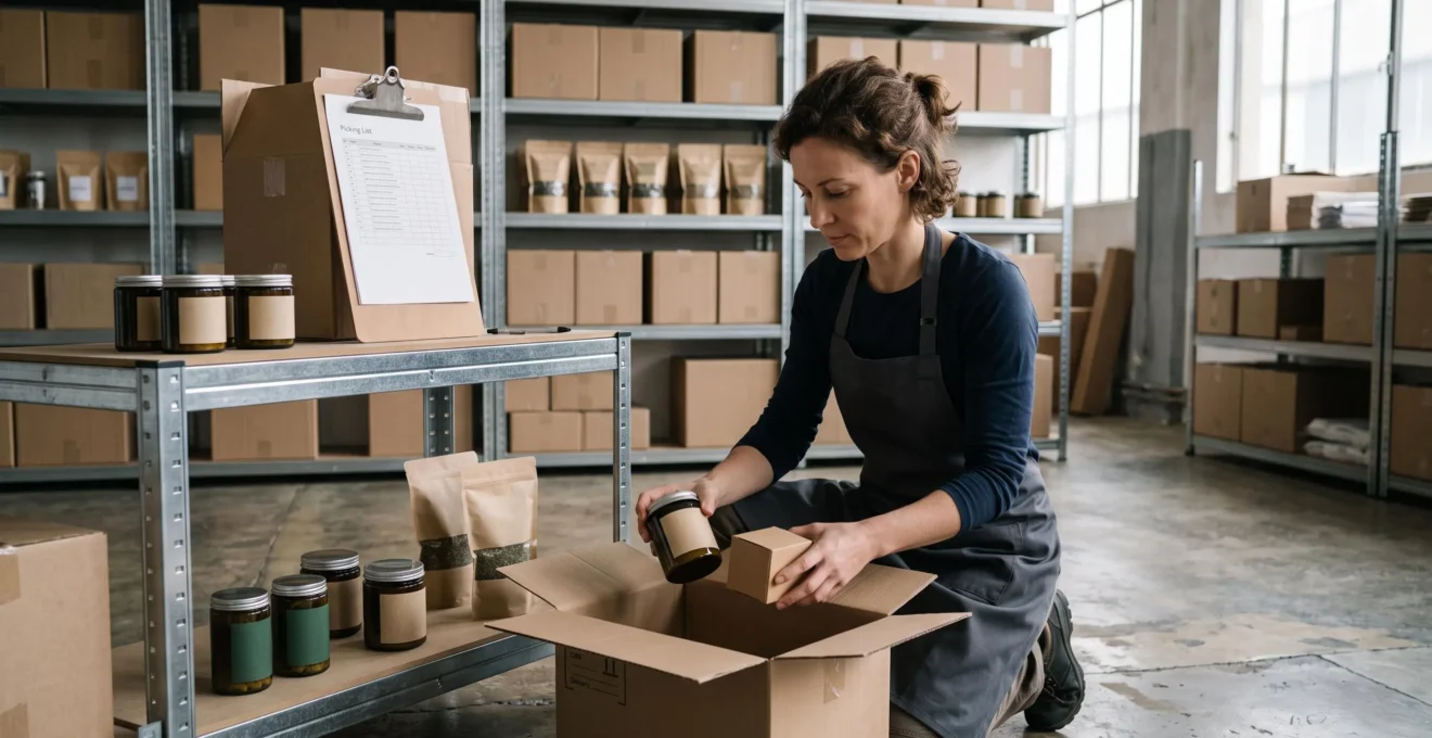 Un préparateur emballe des produits CBD dans un carton d'expédition dans l'entrepôt d'un grossiste.