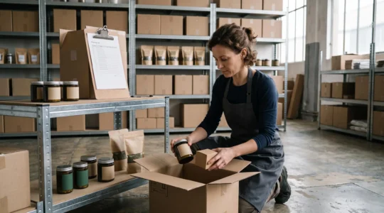 Un préparateur emballe des produits CBD dans un carton d'expédition dans l'entrepôt d'un grossiste.