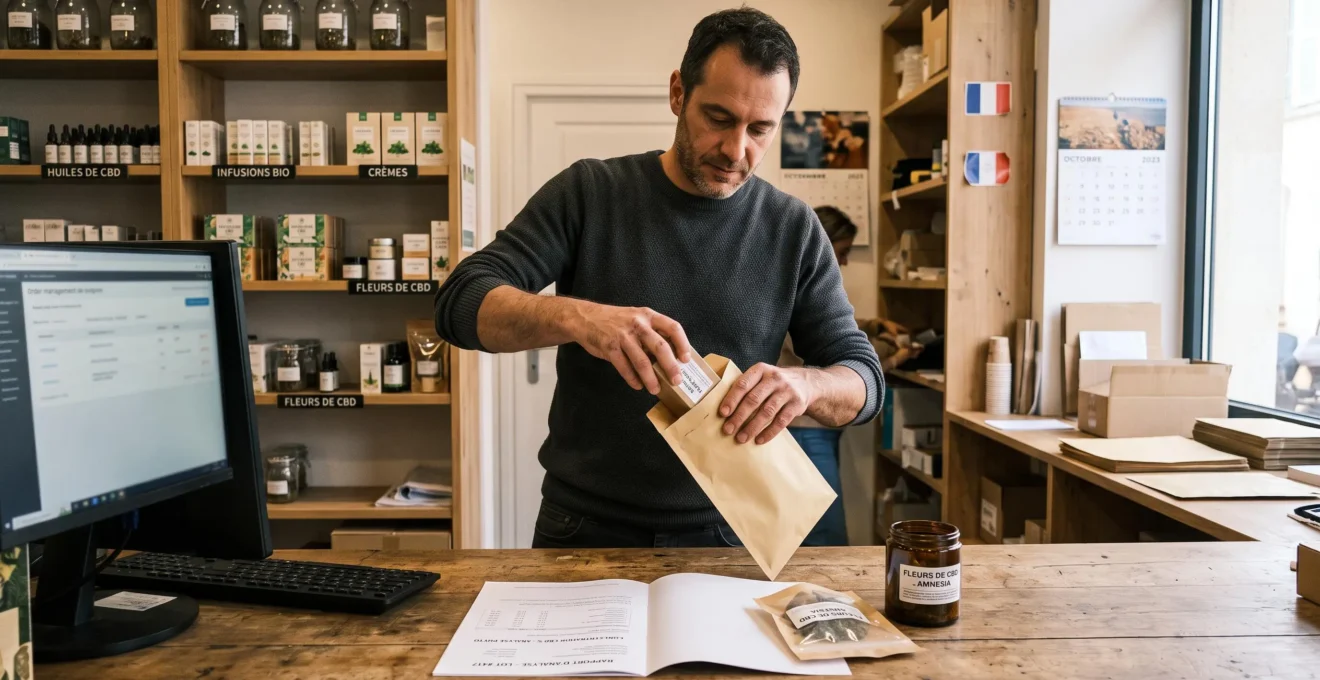 Un préparateur glisse une commande CBD dans une enveloppe d'expédition, un rapport d'analyse posé sur le comptoir.