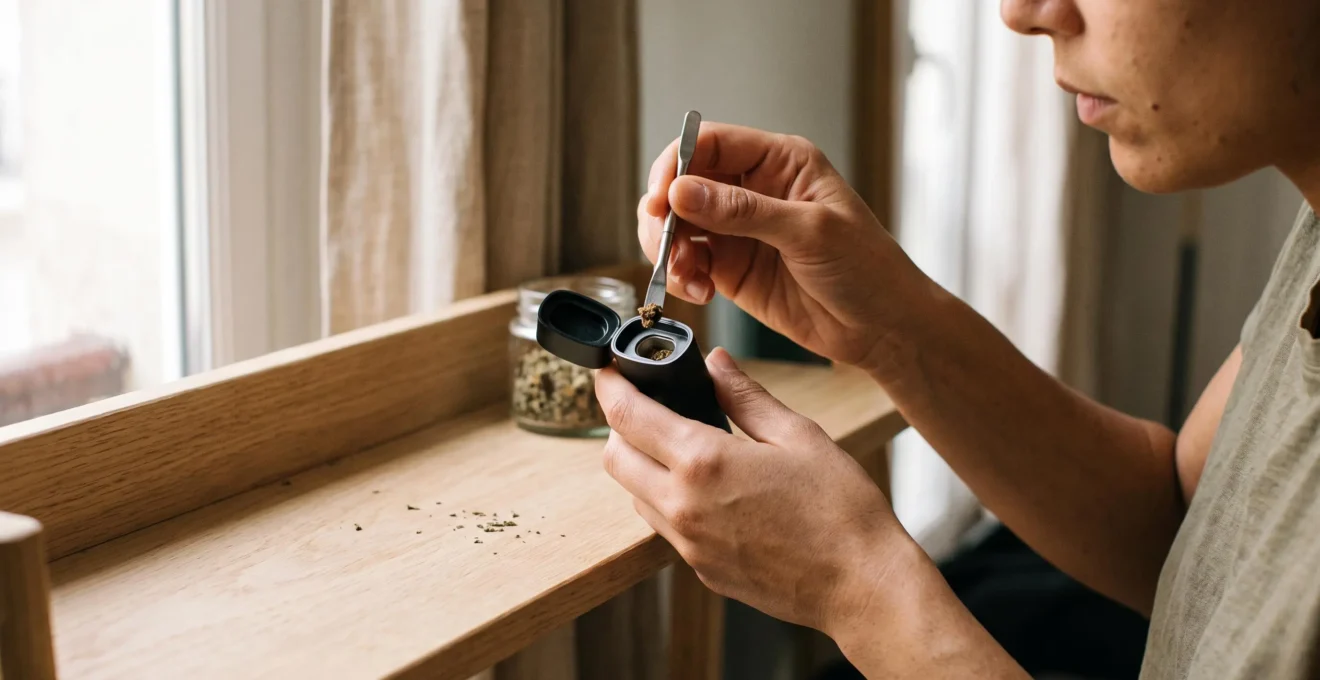 Une main dépose un fragment de résine de CBD dans la chambre de chauffe d'un vaporisateur portable ouvert.