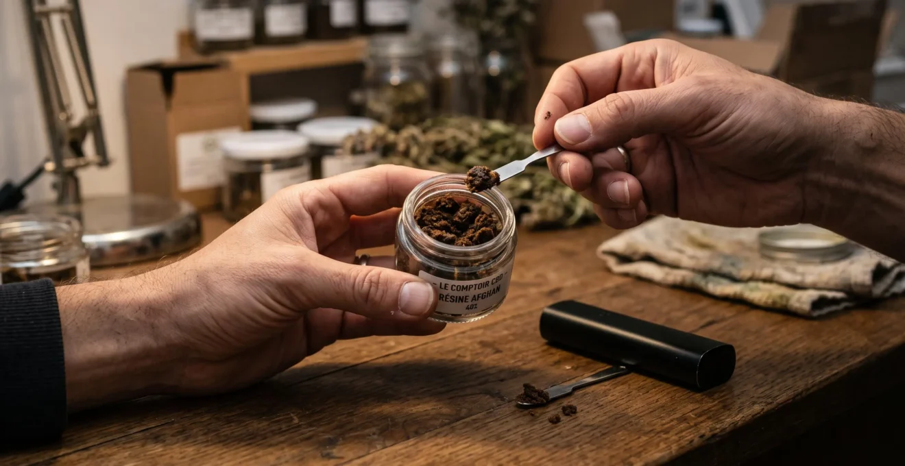 Des mains examinent la texture d'une résine de CBD dans un petit pot en verre posé sur une table en bois.