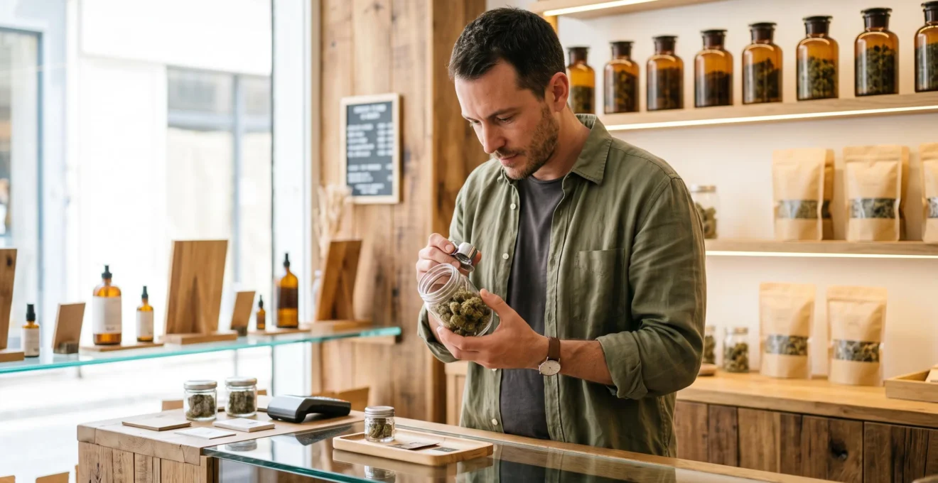 Un vendeur inspecte un pot de fleurs de CBD à la loupe derrière le comptoir d'une boutique.
