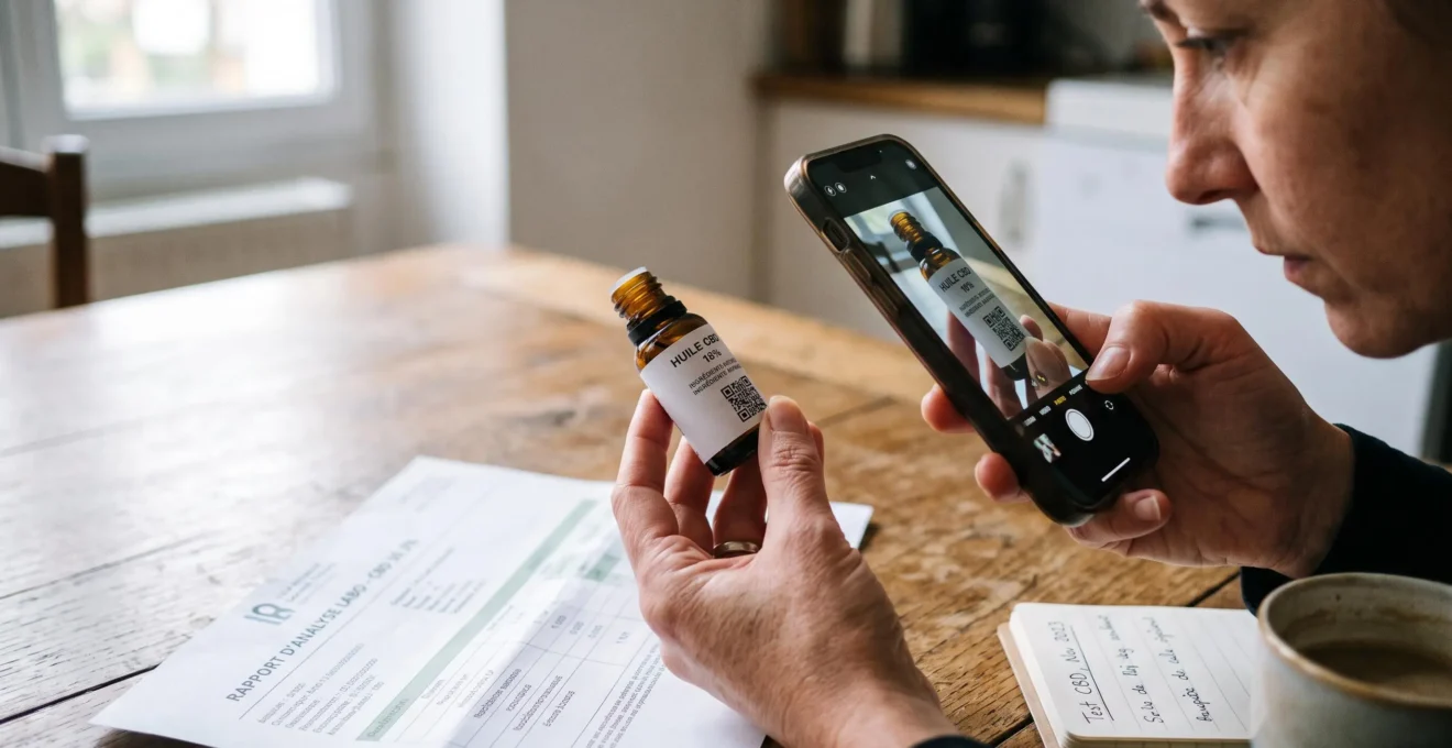 Des mains examinent un flacon d'huile CBD et scannent son étiquette avec un smartphone, près d'un document d'analyse.